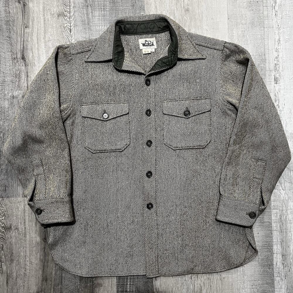 VTG 70s 80s Woolrich Gray Herringbone Wool Button Shirt Jacket Sz L Northwoods